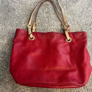 Michael Kors Elegant Red Leather Tote Medium Carry All tan straps gold details